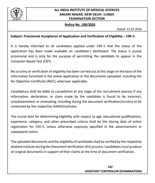 AIIMS CRE 5 Application Status 2026 Out, Check Your Eligibility to Appear for Exam_3.1