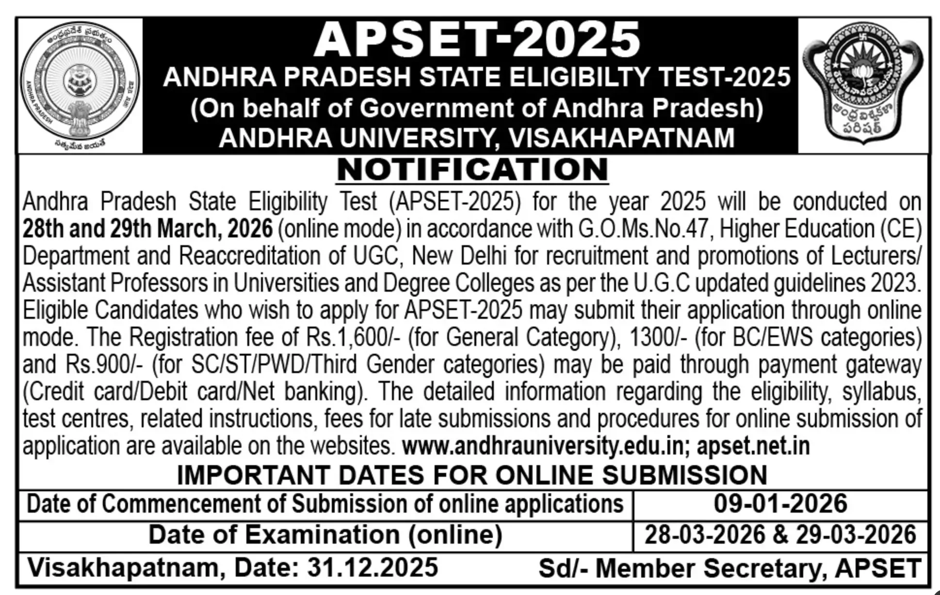 AP SET Exam Date 2026 Out, Eligibility Test on 28 & 29 March