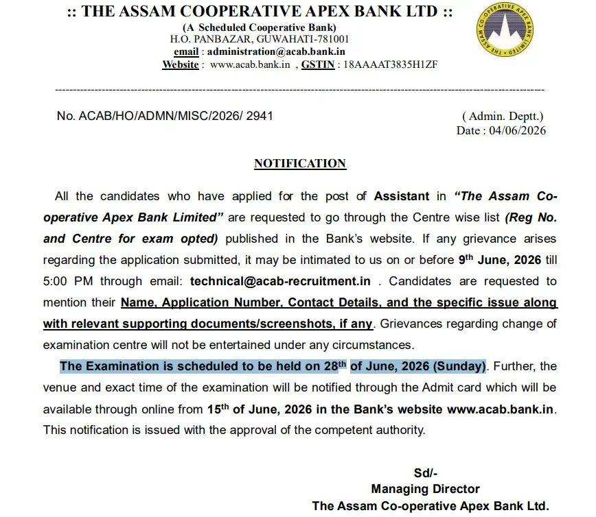 Assam Cooperative Apex Bank Assistant Exam Date 2026 Out, CBT Exam on 28 June_3.1