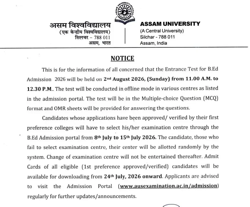 Assam B.Ed Entrance Exam Date 2026 Out, Written Exam on 2 August_3.1