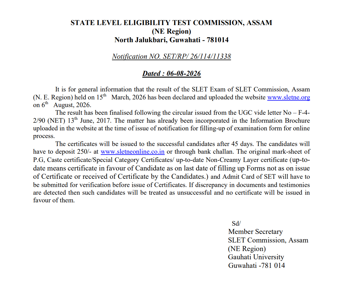 Assam SLET Result 2026 (Out), Check Merit List PDF & Cut Off Marks at sletne.org_3.1