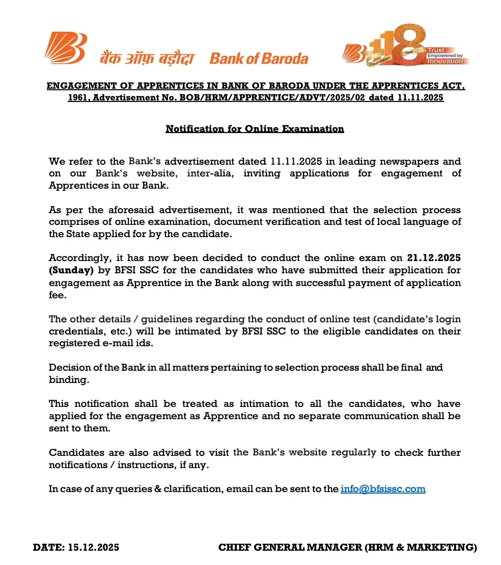 Bank of Baroda Apprentice Exam Date 2025 Schedule