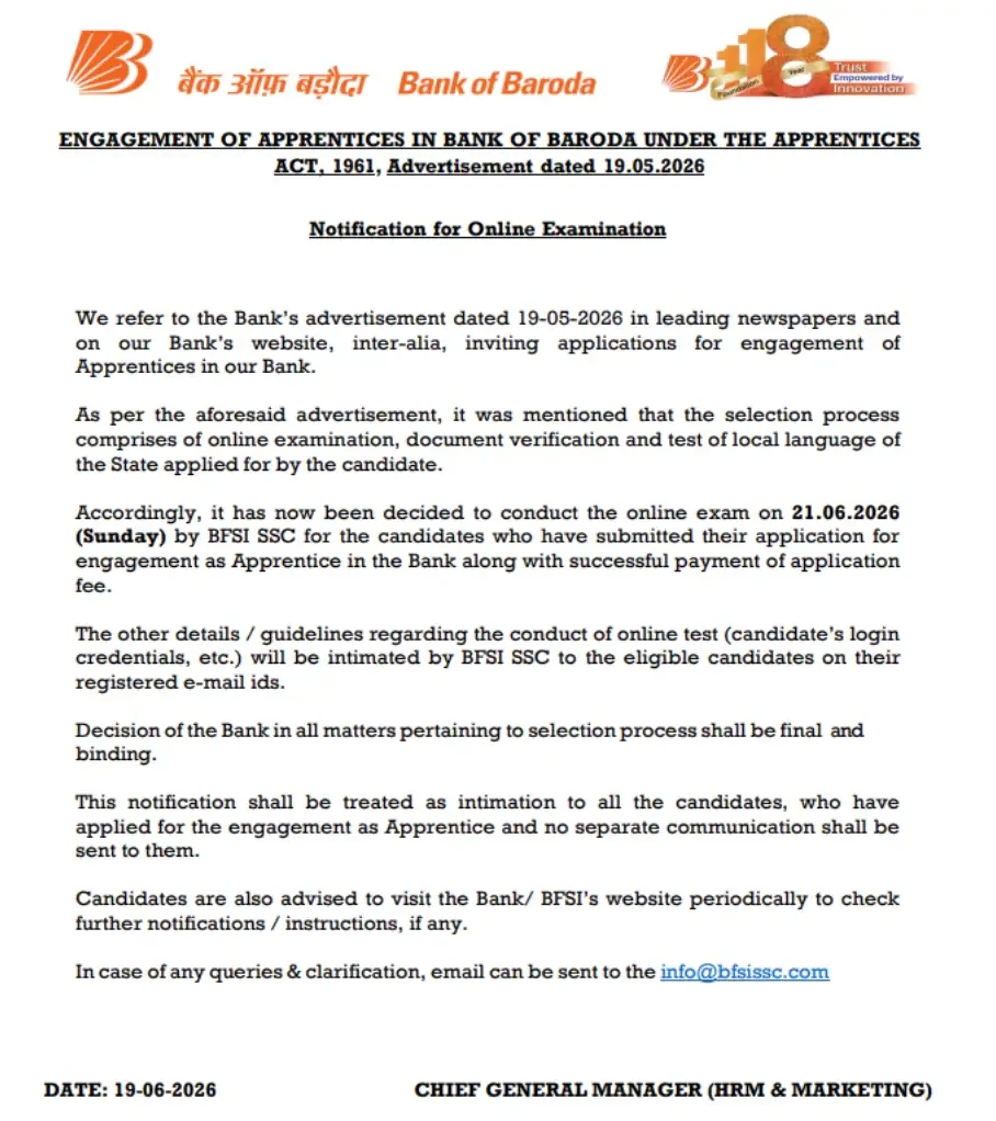 Bank of Baroda Apprentice Exam Date 2026 Out (5000 Posts), Online Exam on 21 June_3.1