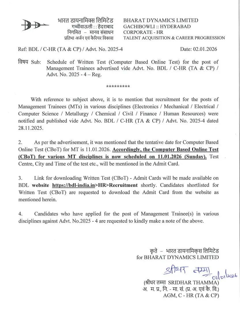 BDL Admit Card 2026 Out for Management Trainee (MT) Exam, Hall Ticket Download Link