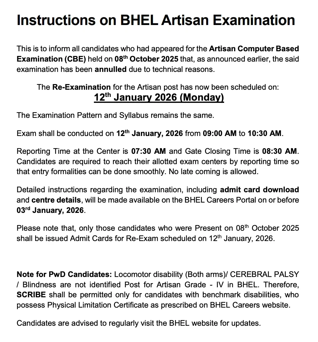 BHEL Artisan Admit Card 2026 Out@careers.bhel.in, Re-Exam Hall Ticket Link_3.1