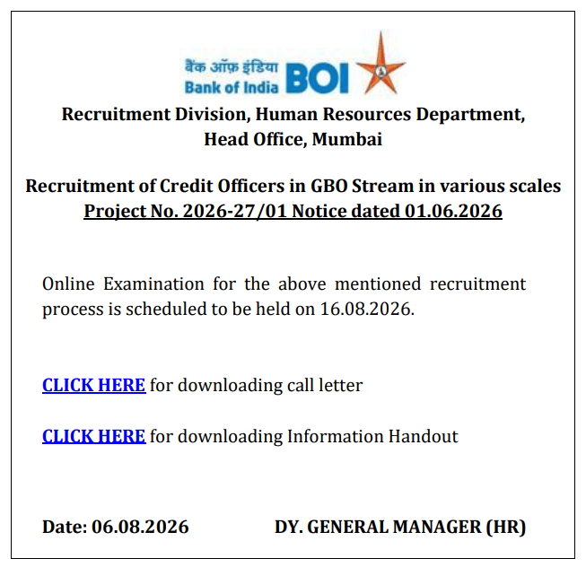 Bank of India Credit Officer Exam Date 2026 Out for 779 Posts, Online Exam on 16 Aug_3.1