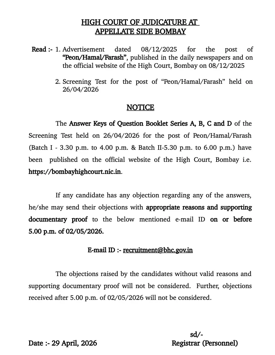 Bombay High Court Answer Key 2026 Out, Raise Objection Till 2 May_3.1