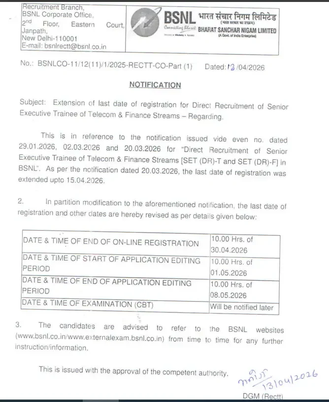 BSNL Senior Executive Trainee (SET) Exam Date 2026 Out for 120 Posts, Check Official Schedule_3.1