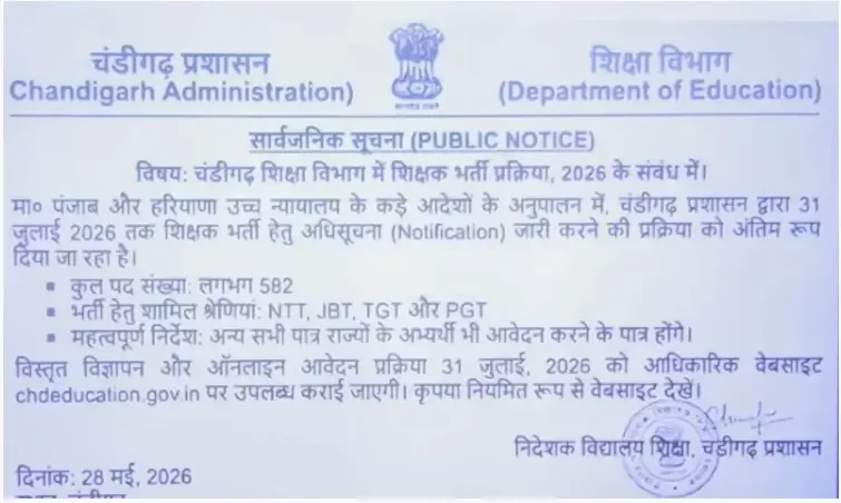 Chandigarh Teacher Recruitment 2026, 582 NTT, JBT, TGT, PGT Vacancies Expected_3.1