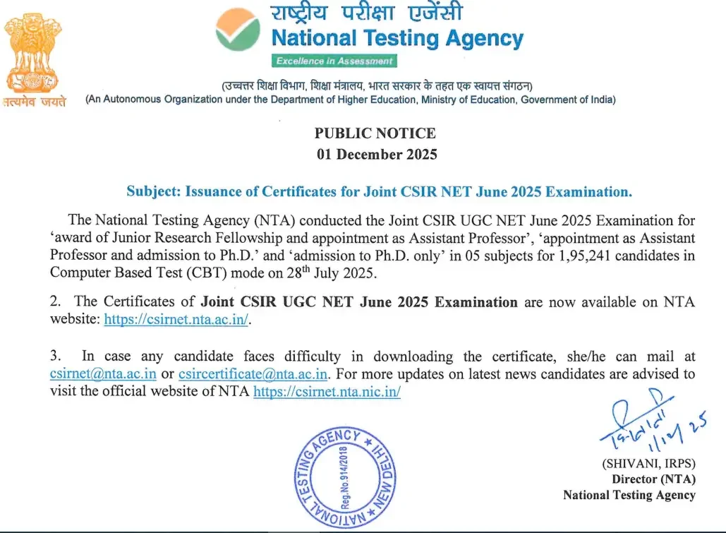 CSIR UGC NET Certificate 2025 Out for June Session, Download Now