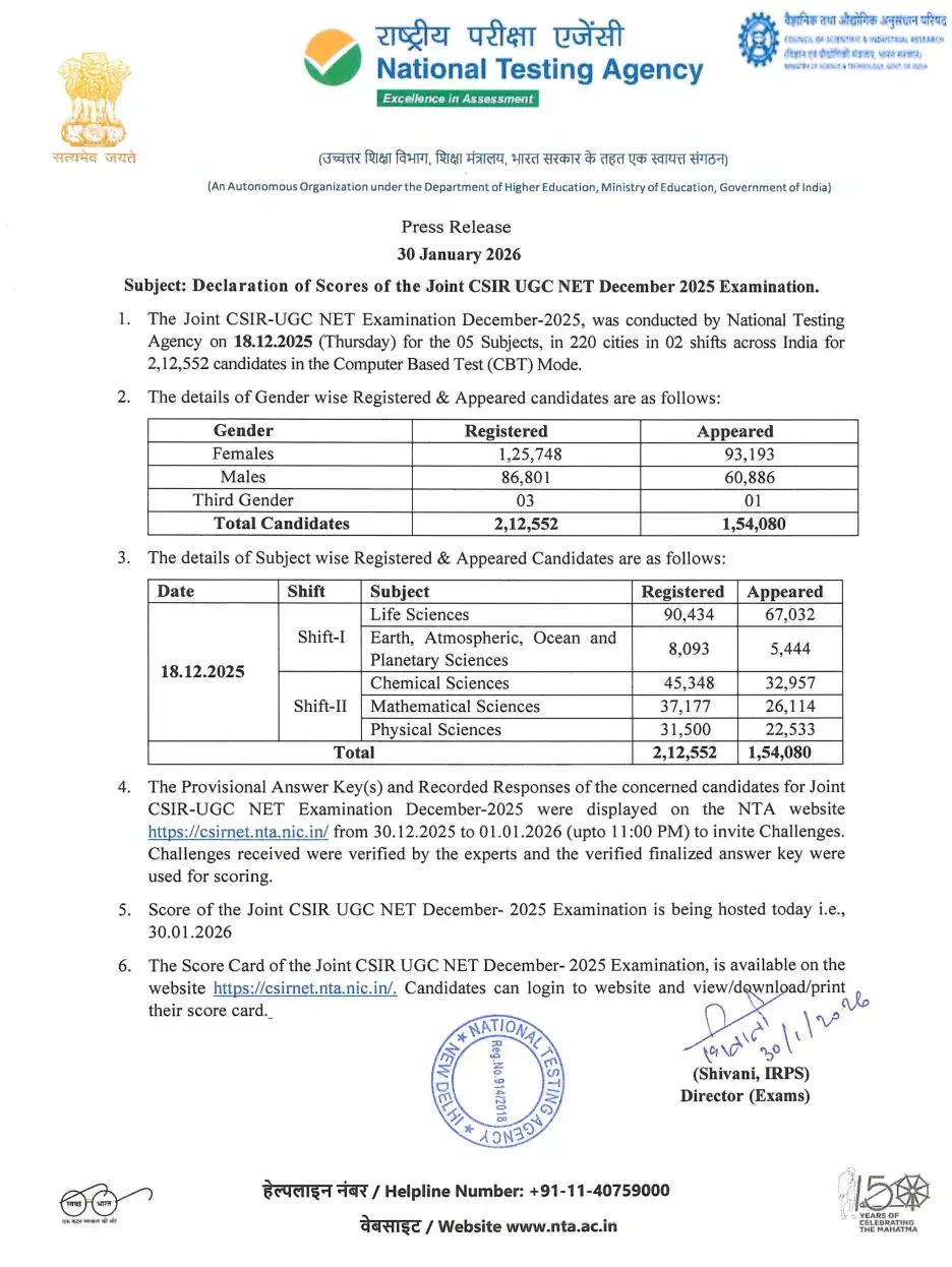 CSIR NET Result 2026 Out at csirnet.nta.ac.in, Download Your Scorecard
