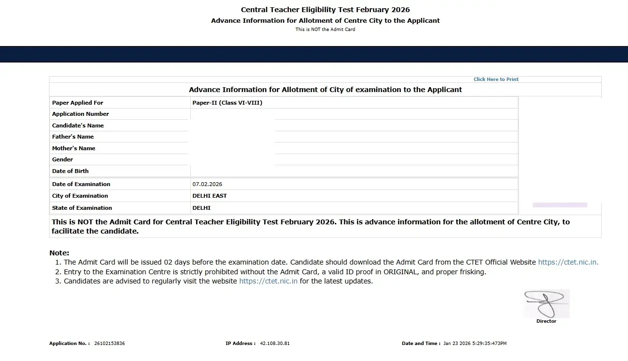CTET City Intimation Slip 2026 Official Guide