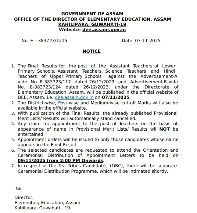 DEE Assam Final Merit List 2025 Out at dee.assam.gov.in (LP & UP Teachers), Cut Off Marks