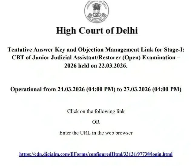 Delhi High Court JJA Answer Key 2026 Release Update