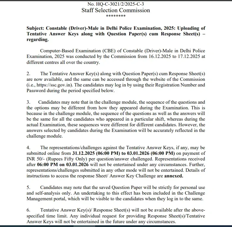 Delhi Police Driver Answer Key 2025 Out at ssc.gov.in, Response Sheet Link_3.1