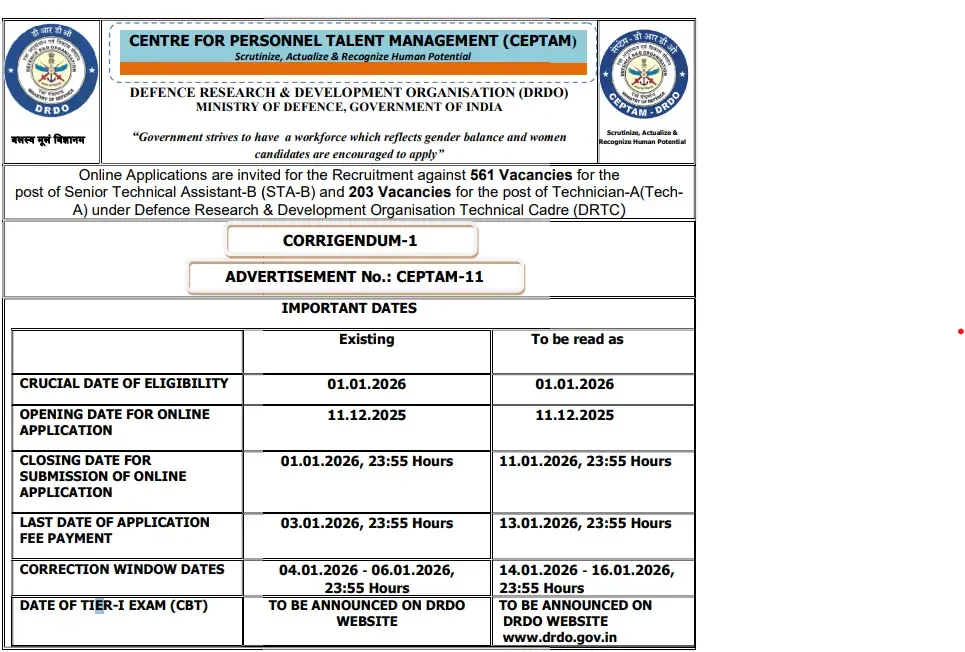 DRDO CEPTAM 11 Recruitment 2025 Notification, Apply Online Extended for 764 STA & Technician Posts_3.1