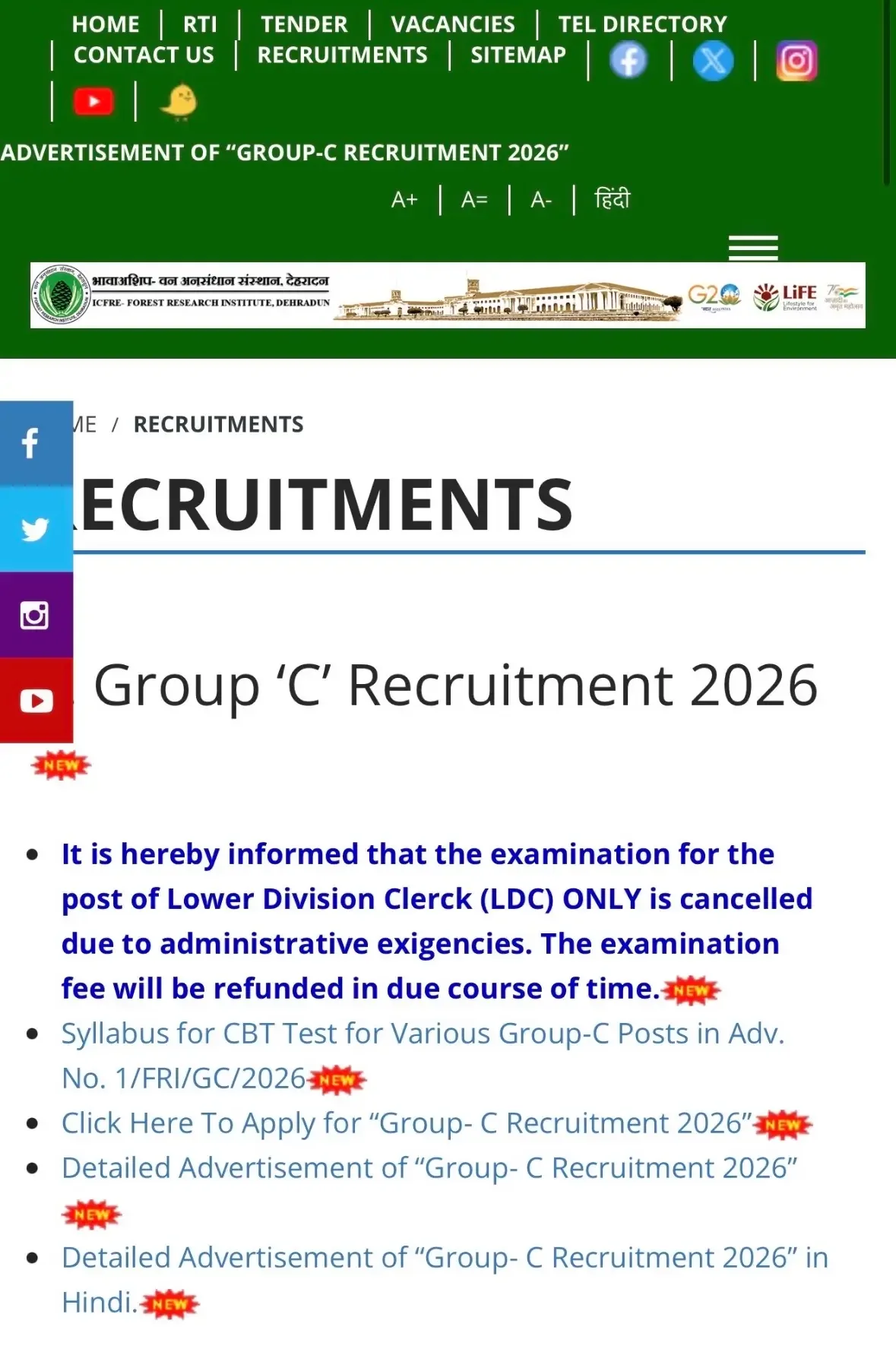 FRI Recruitment 2026 Exam Date (83 Vacancies), LDC Post Cancelled, Online Form Ends_3.1