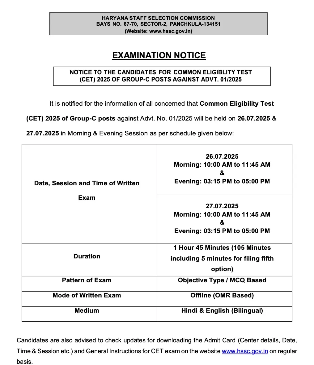 Haryana HSSC CET Exam Date 2025 Announced, Check Shift Timing
