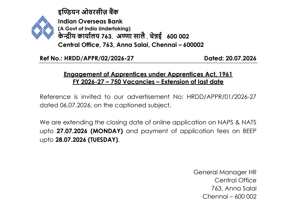 IOB Apprentice Exam Date 2026 Out for 750 Posts_3.1