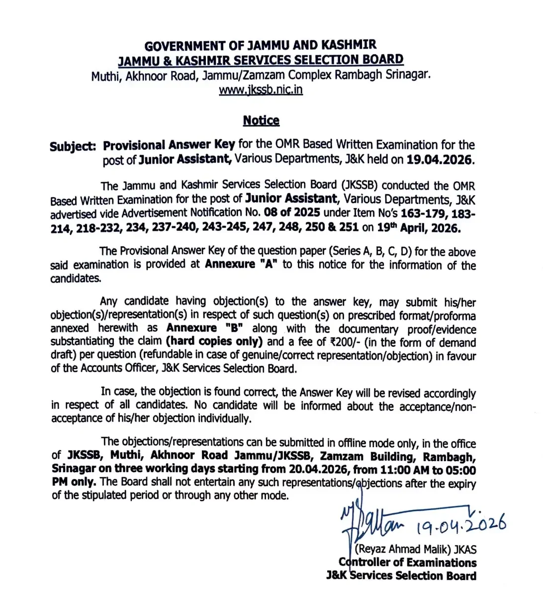 JKSSB Junior Assistant Answer Key 2026 Out (Official), Download Response Sheet_3.1