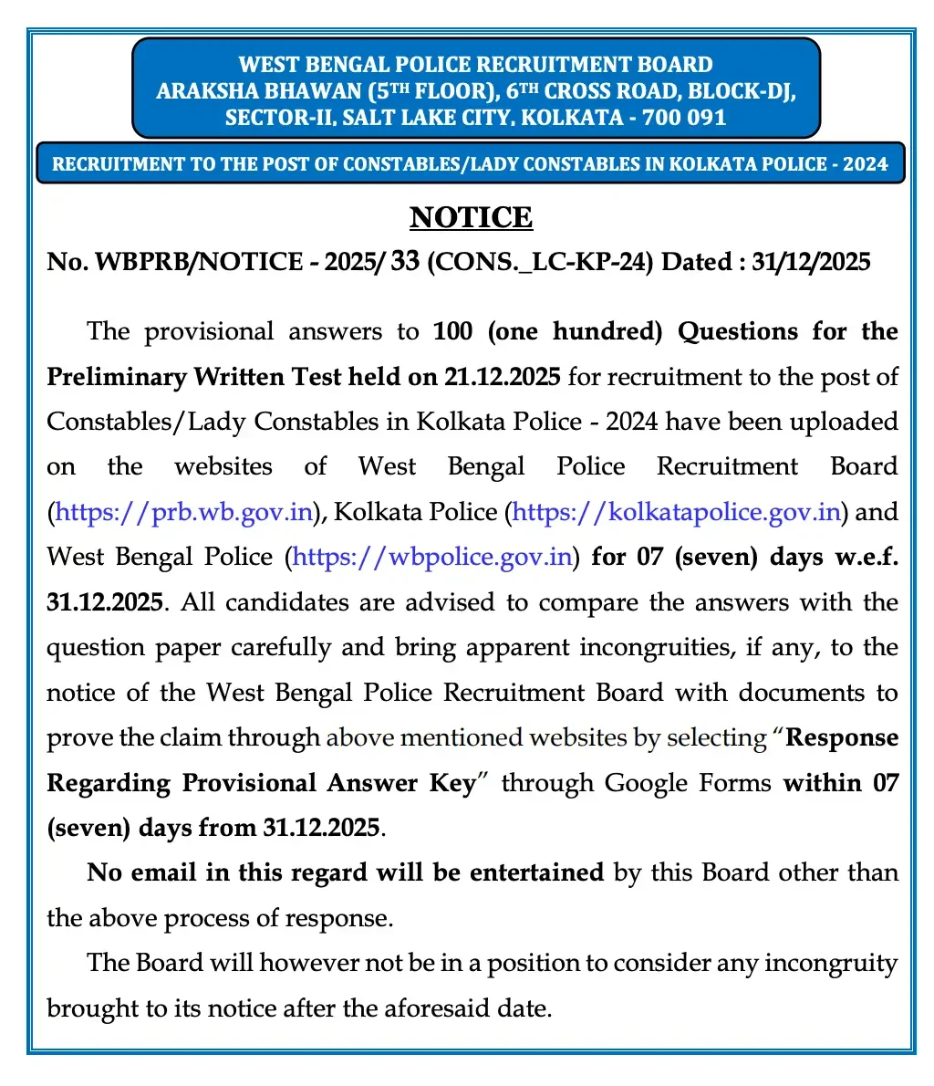 Kolkata Police Constable Answer Key 2025 Out, Download KP Answer Key PDF