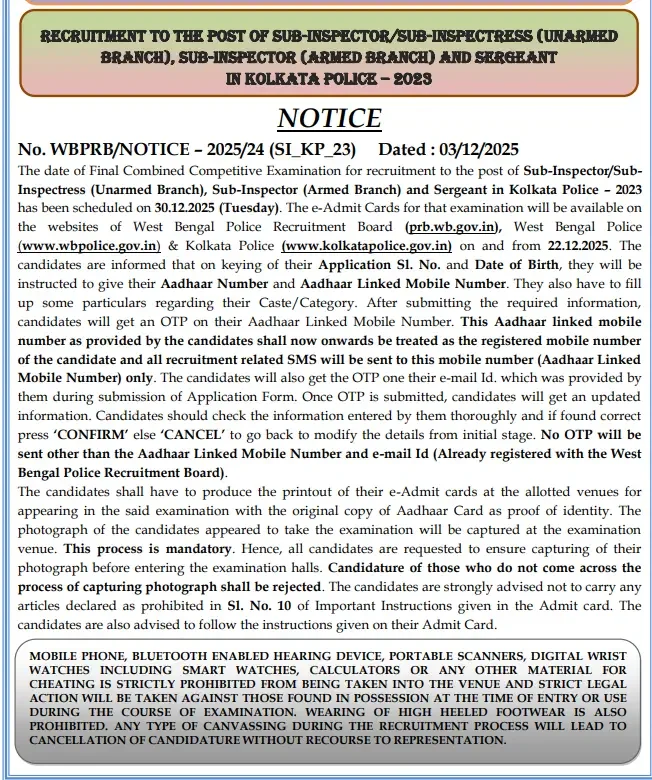 Kolkata Police SI Admit Card 2025 Out, Final Written Exam Hall Ticket Link