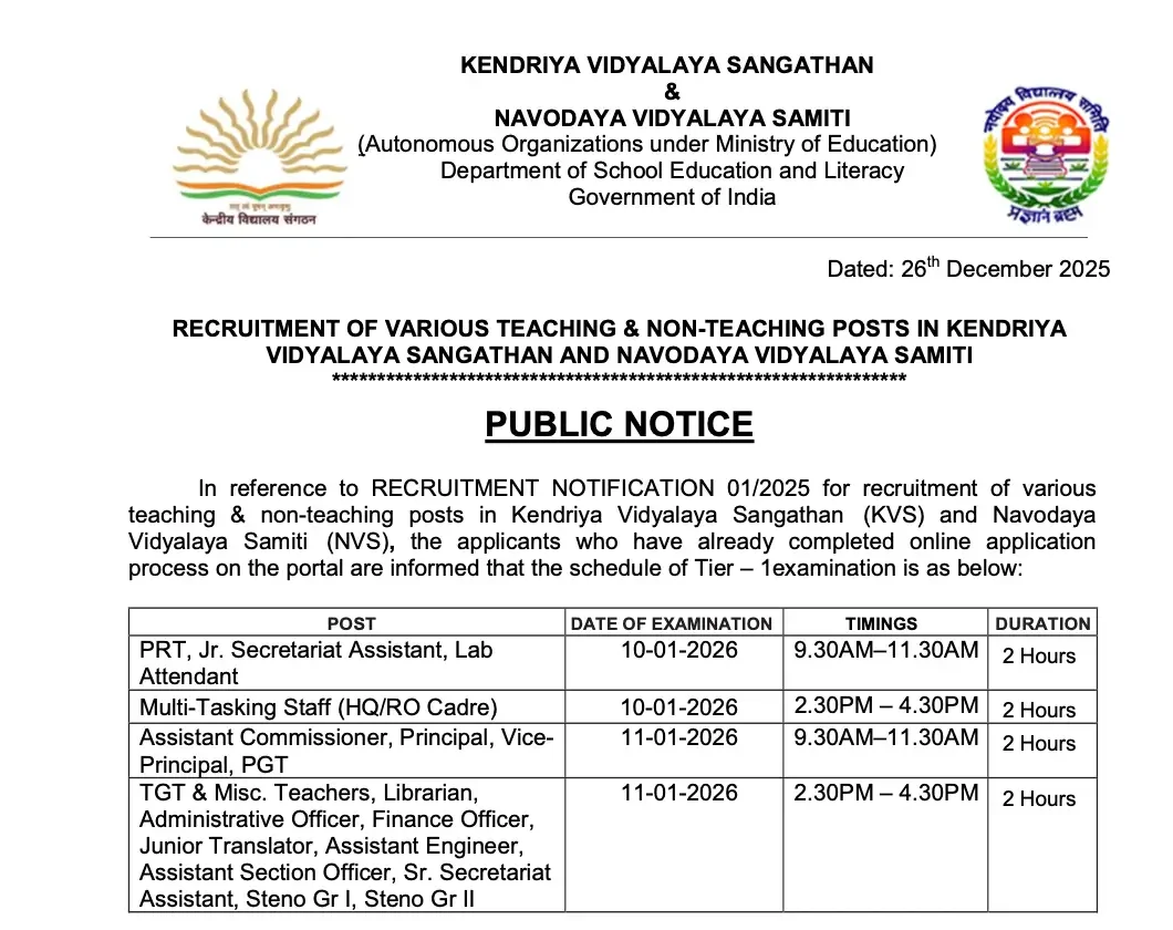 KVS Exam Schedule