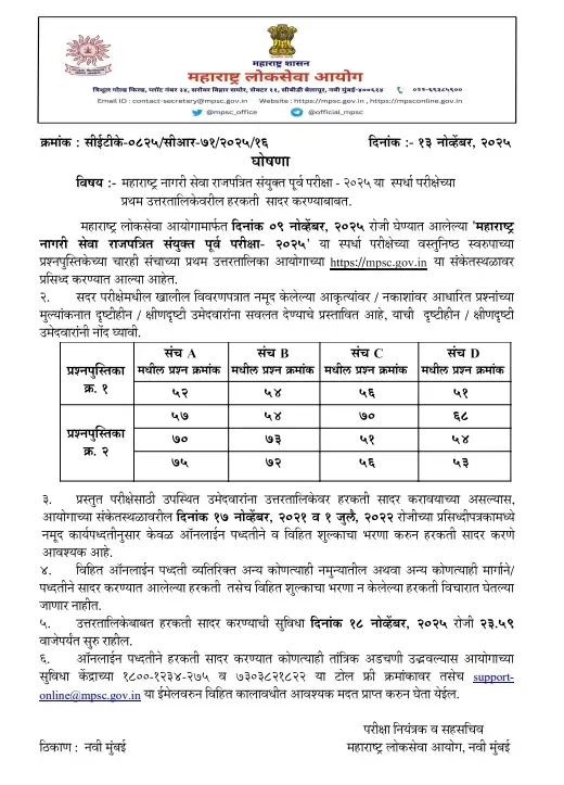 MPSC Prelims Answer Key 2025 Out, Maharashtra Rajyaseva Exam Answers PDF_3.1