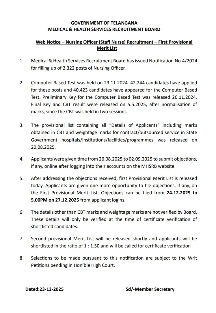 MHSRB Nursing Officer Result 2025 Merit List and Objection Window
