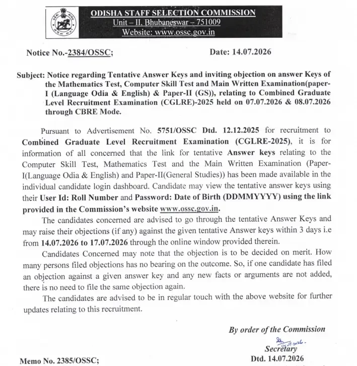 OSSC CGL Mains Answer Key 2026 Out, Download Response Sheet PDF_3.1