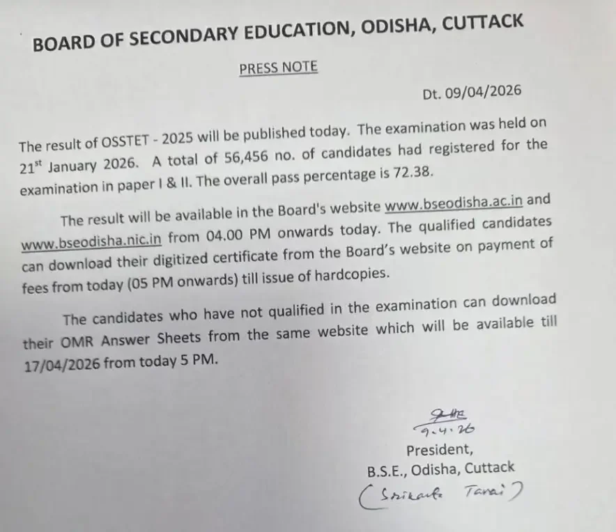 OSSTET Result 2026 Out @bseodisha.ac.in (72.38% Passed), Download Score Card PDF