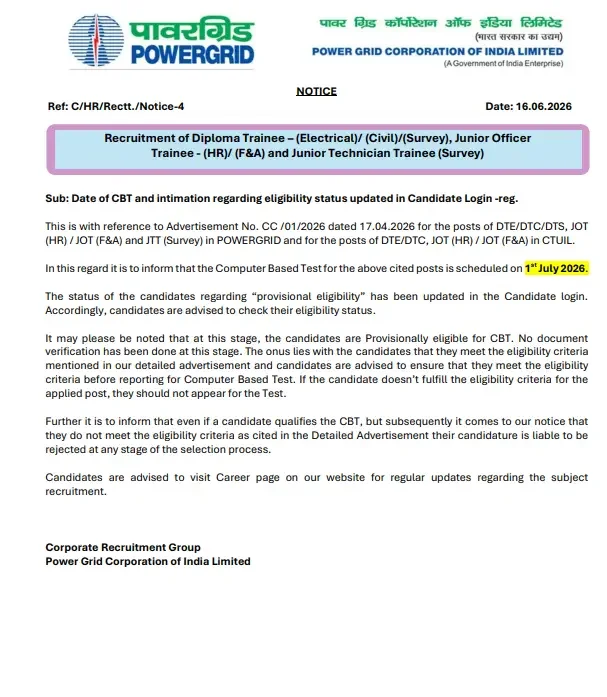 PGCIL Exam Date 2026 Out, Check Official Schedule for 660 Non Executive Trainee Posts_3.1