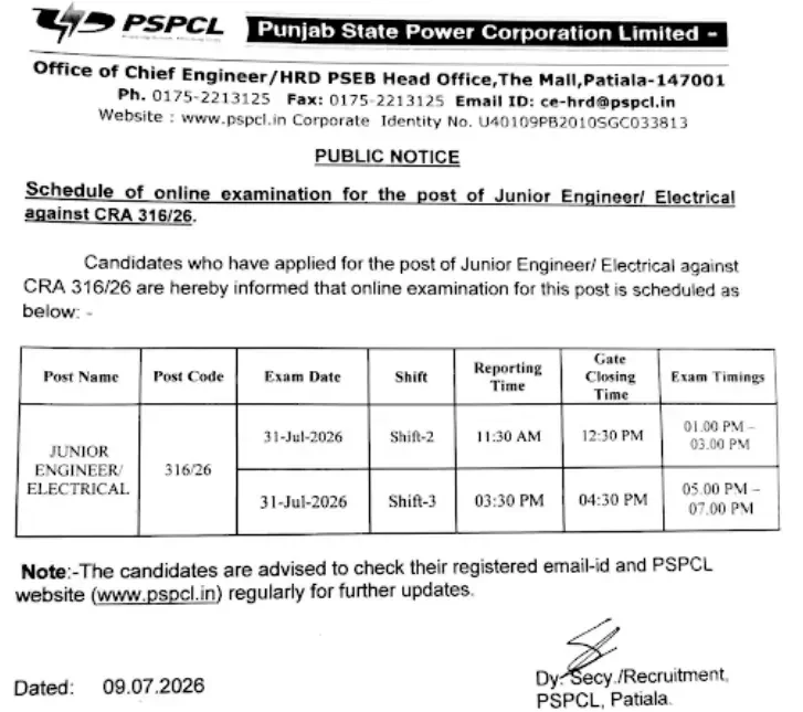 PSPCL JE Exam Date 2026 Out, Written Exam on 31 July_3.1