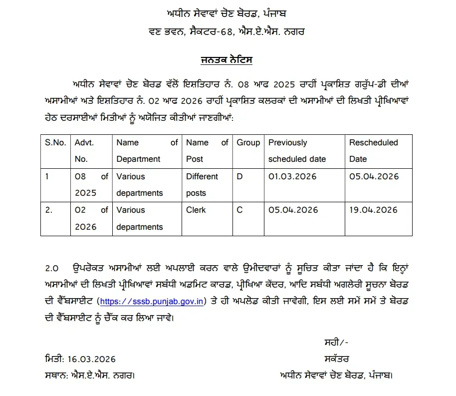 PSSSB Group D Exam Date 2026 Out for 406 Posts