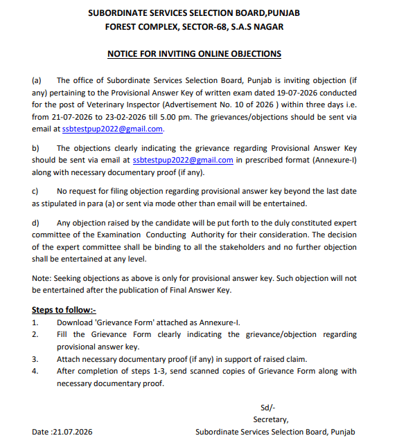 Punjab PSSSB Veterinary Inspector Answer Key 2026 Out, Raise Objection Till 23 July_3.1