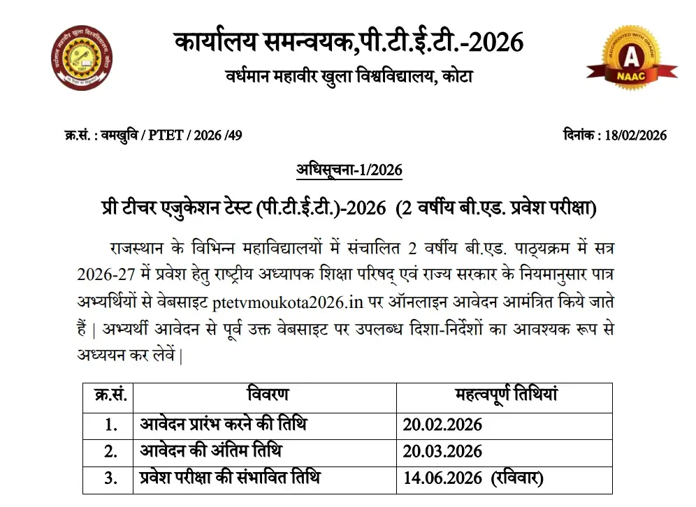 Rajasthan PTET Exam Date 2026 Out, Written Exam on 14 June_3.1