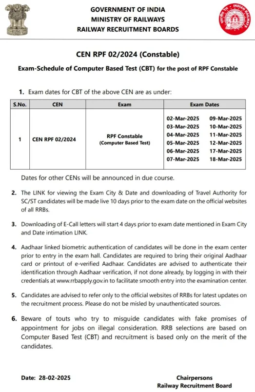 RPF Constable Exam Date 2025 Official Schedule