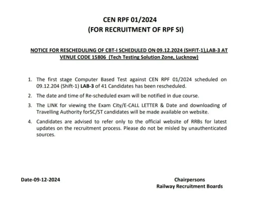 RPF SI Exam Date 2024 Out, CBT 1 Exam Rescheduled for Lucknow Center_3.1