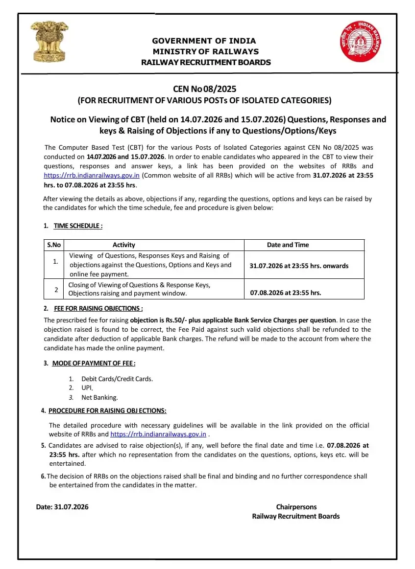 RRB Isolated Categories Answer Key 2026 Out, Download CBT Exam Response Sheet PDF_3.1