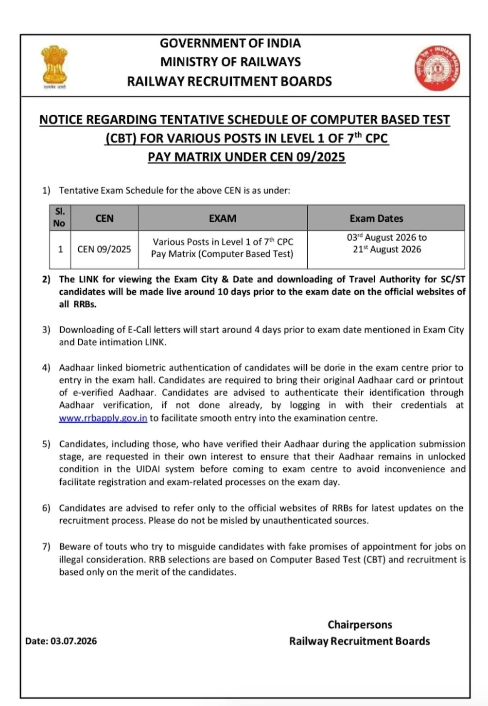 Railway RRB Group D Exam Date 2026 Out, CBT Exam Starts From 3rd August_3.1