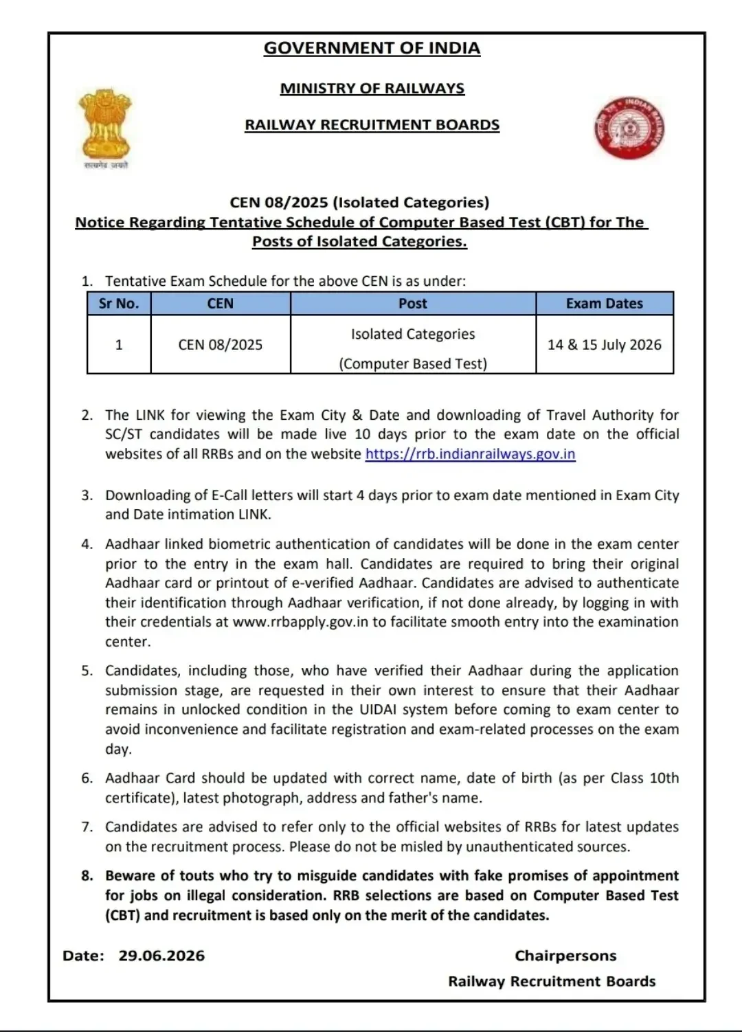 RRB Isolated Categories Exam Date 2026 Out, Official Exam Schedule Notice_3.1
