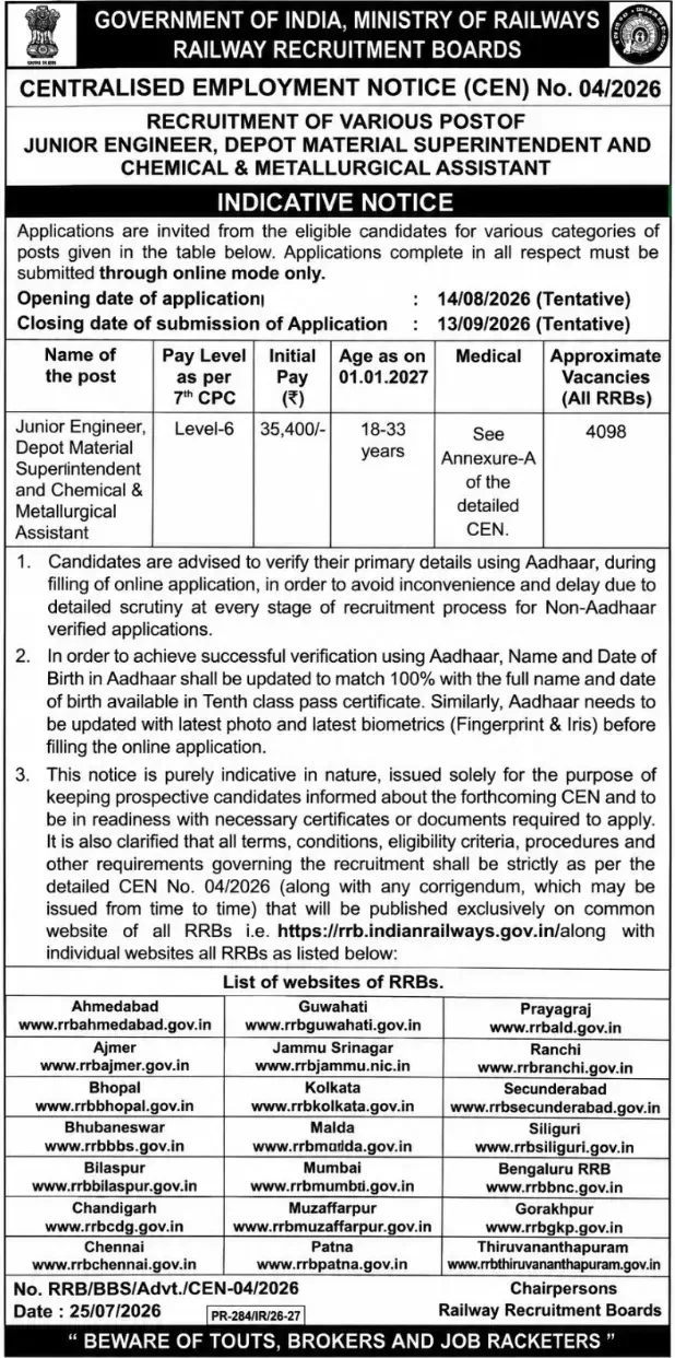 RRB JE Short Notification 2026-27 Released for 4098 Vacant Posts, CEN 04/2026 Registration Starts on 14 August_3.1