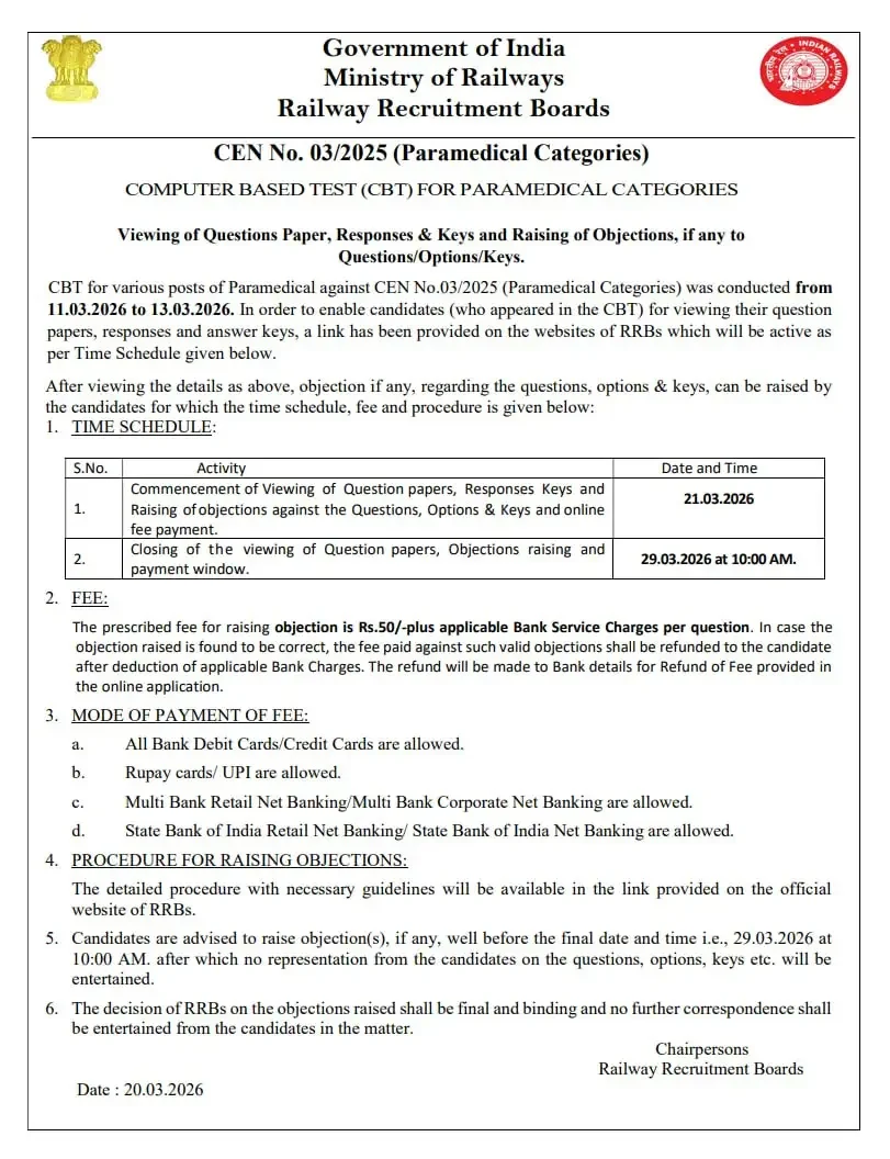 RRB Nursing Superintendent Answer Key 2026 Response Sheet