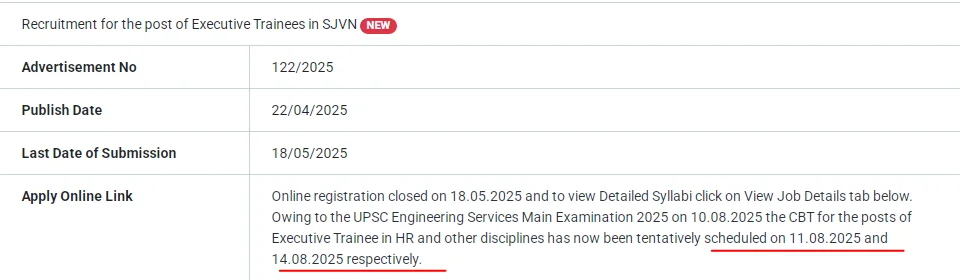SJVN Recruitment 2025 Exam Schedule and Vacancy Notice