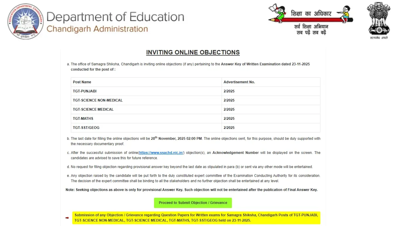 Chandigarh SSA TGT Answer Key 2025 Official Notice