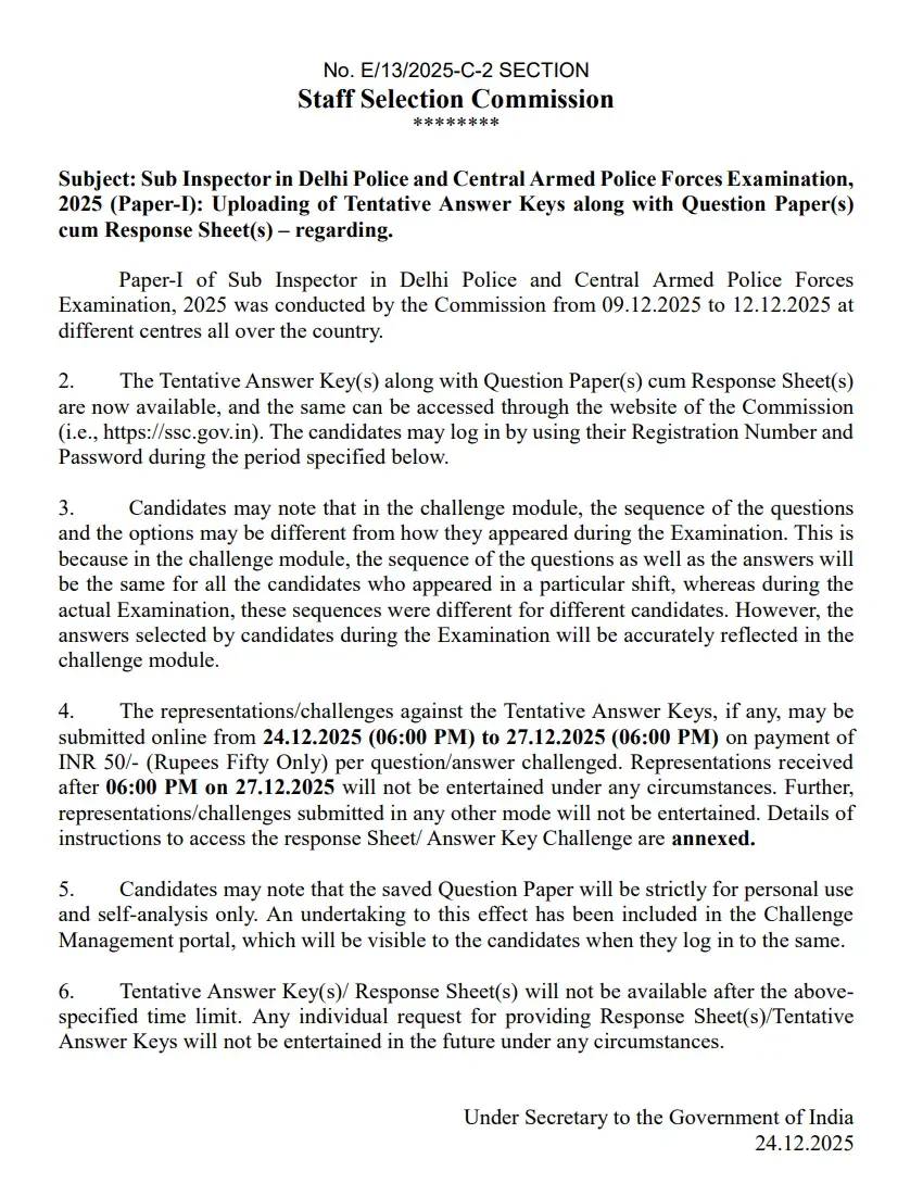 SSC CPO Paper 1 Answer Key 2025 Out @ssc.gov.in, Download Response Sheet PDF_3.1