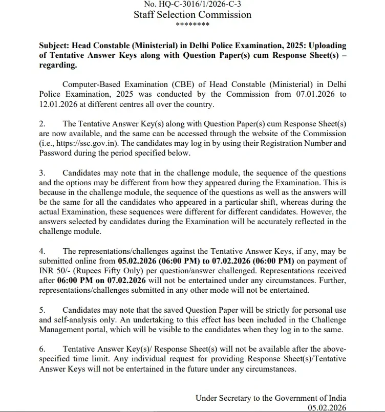Delhi Police HCM Answer Key 2026 Out at ssc.gov.in, Head Constable Ministerial Answer Sheet PDF_3.1