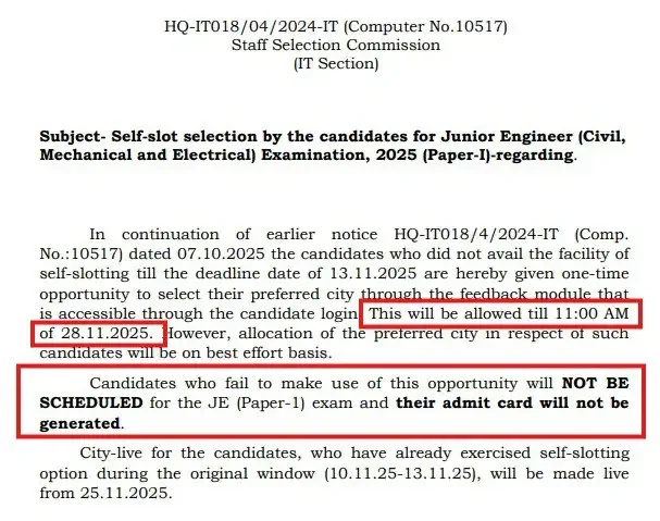 SSC JE Exam Slot Selection 2025 Link Reopened, Book Your Exam City, Date & Shift_3.1