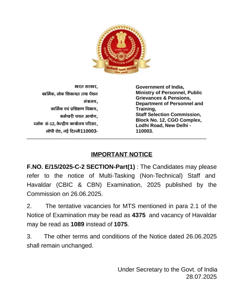 SSC MTS Vacancy 2025 Announced: 4375 Multi Tasking Staff & 1089 Havaldar Vacancies_3.1