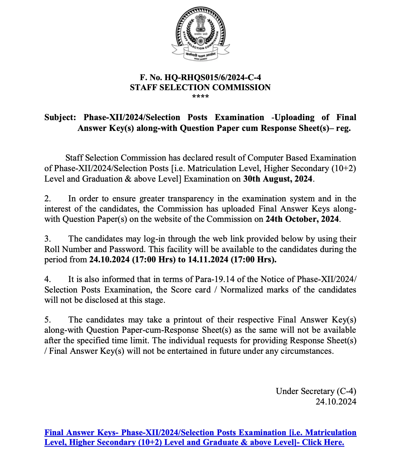 SSC Selection Post Phase 12 Final Answer Key 2024 Out, Response Sheet PDF_3.1